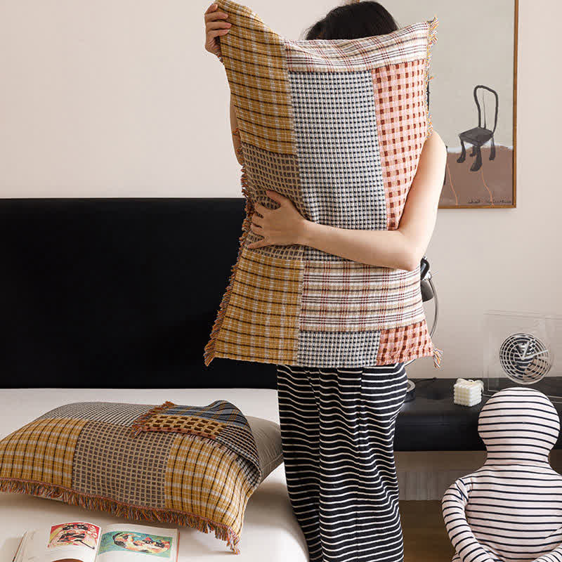 Plaid Print Four-layer Cotton Gauze Tassel Quilt