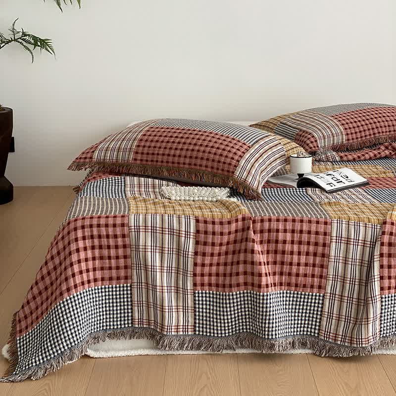 Plaid Print Four-layer Cotton Gauze Tassel Quilt