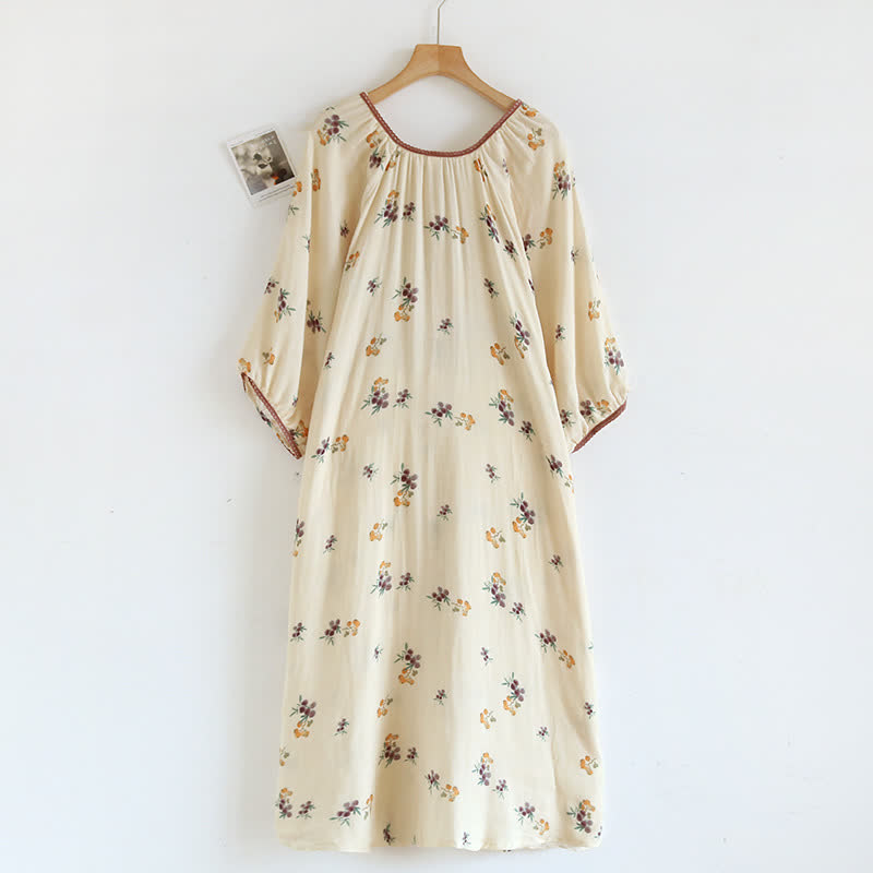 Long Sleeve Loquat Print Cotton Breathable Nightdress