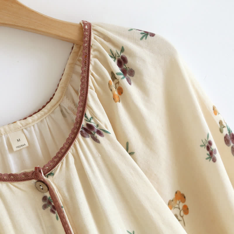 Long Sleeve Loquat Print Cotton Breathable Nightdress