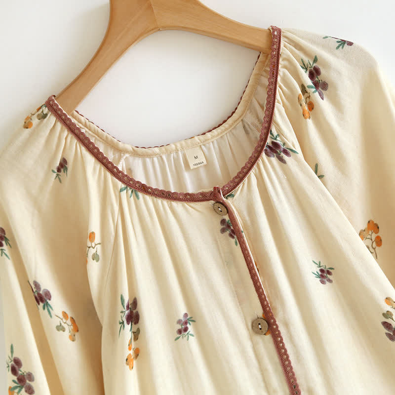 Long Sleeve Loquat Print Cotton Breathable Nightdress