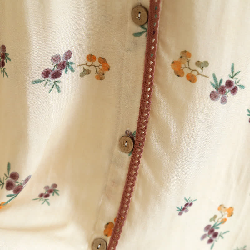 Long Sleeve Loquat Print Cotton Breathable Nightdress