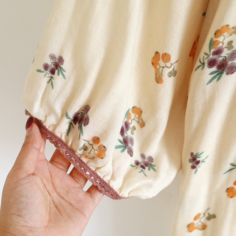 Long Sleeve Loquat Print Cotton Breathable Nightdress