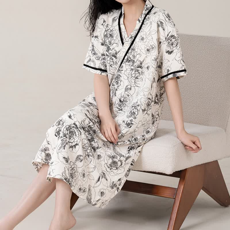 Retro Floral Short Sleeve Padded Nightdress with Pocket