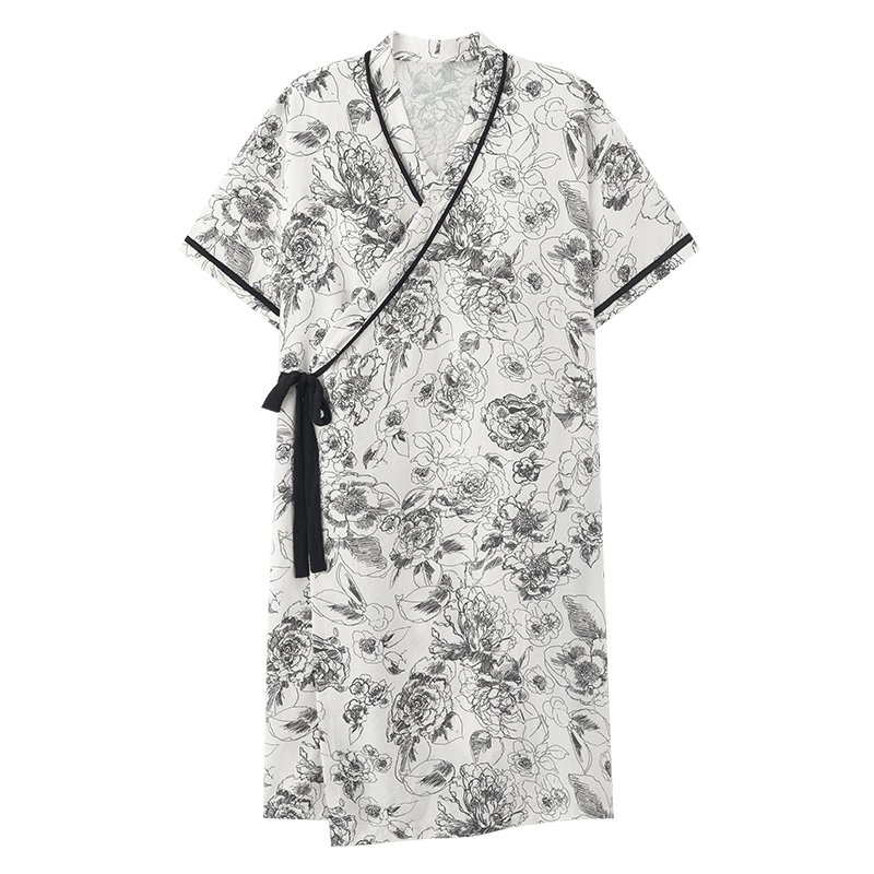 Retro Floral Short Sleeve Padded Nightdress with Pocket