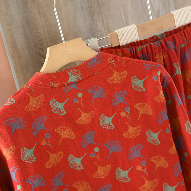 Ginkgo Leaf Cotton Jacquard Vintage Yarn-dyed Pajama Set