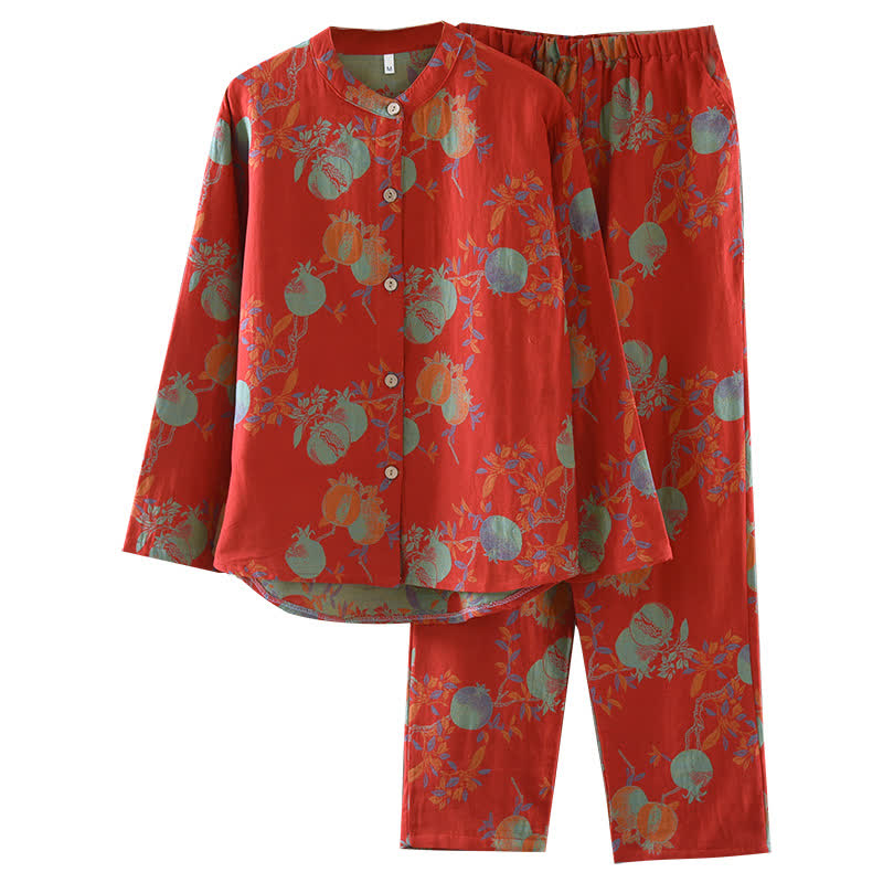 Pomegranate Flower Cotton Jacquard Vintage Yarn-dyed Pajama Set