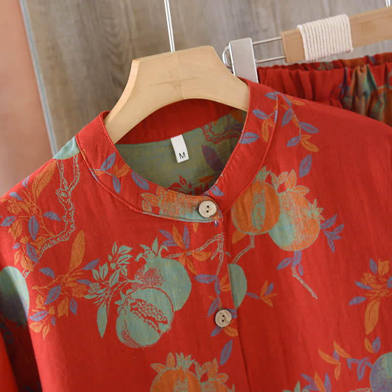 Pomegranate Flower Cotton Jacquard Vintage Yarn-dyed Pajama Set