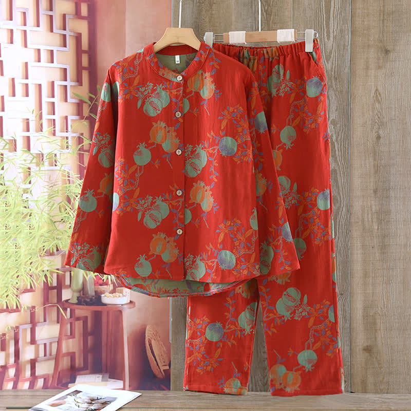 Pomegranate Flower Cotton Jacquard Vintage Yarn-dyed Pajama Set