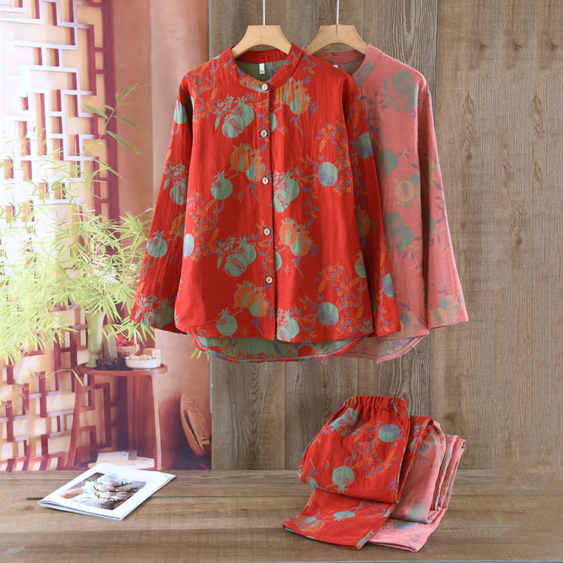 Pomegranate Flower Cotton Jacquard Vintage Yarn-dyed Pajama Set