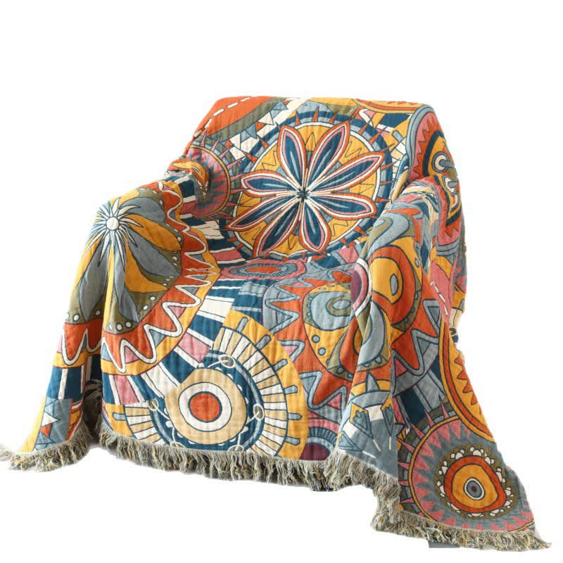 Artistic Floral Cotton Gauze Tassel Reversible Blanket