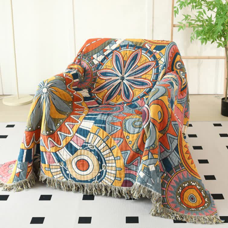 Artistic Floral Cotton Gauze Tassel Reversible Blanket