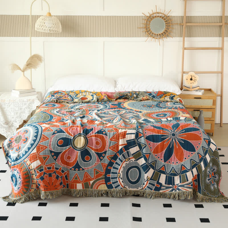 Artistic Floral Cotton Gauze Tassel Reversible Blanket