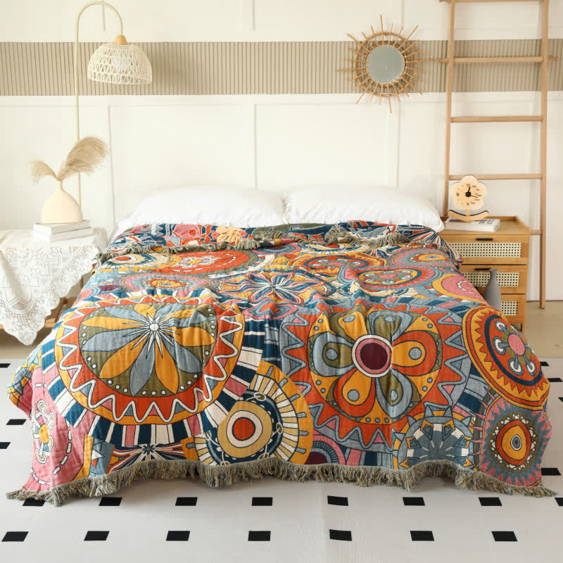 Artistic Floral Cotton Gauze Tassel Reversible Blanket