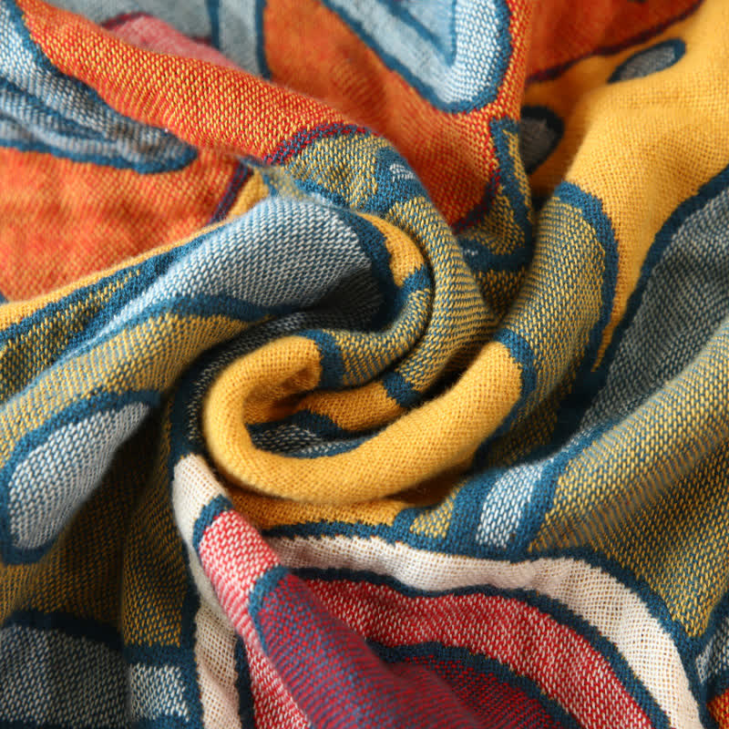 Artistic Floral Cotton Gauze Tassel Reversible Blanket