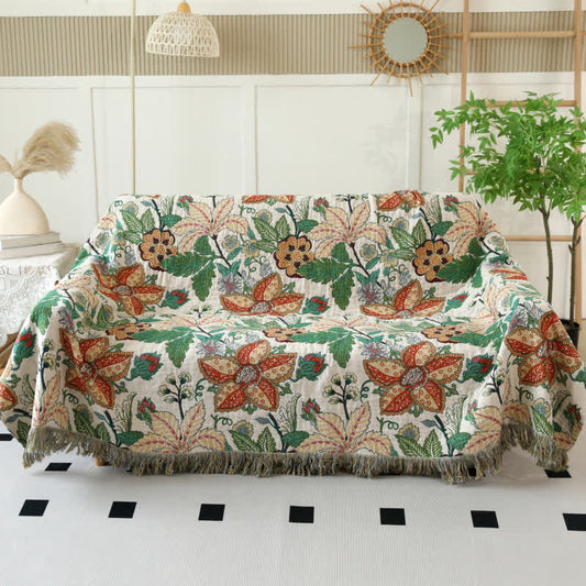 Floral Leaf Cotton Gauze Tassel Reversible Blanket