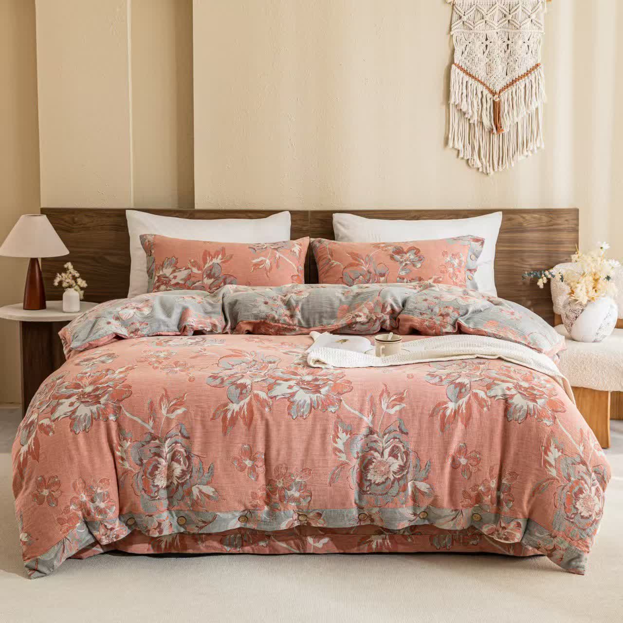 Reversible Floral Cotton Gauze Button Bedding Set (4PCS) - Pink&Grey - King - image 5