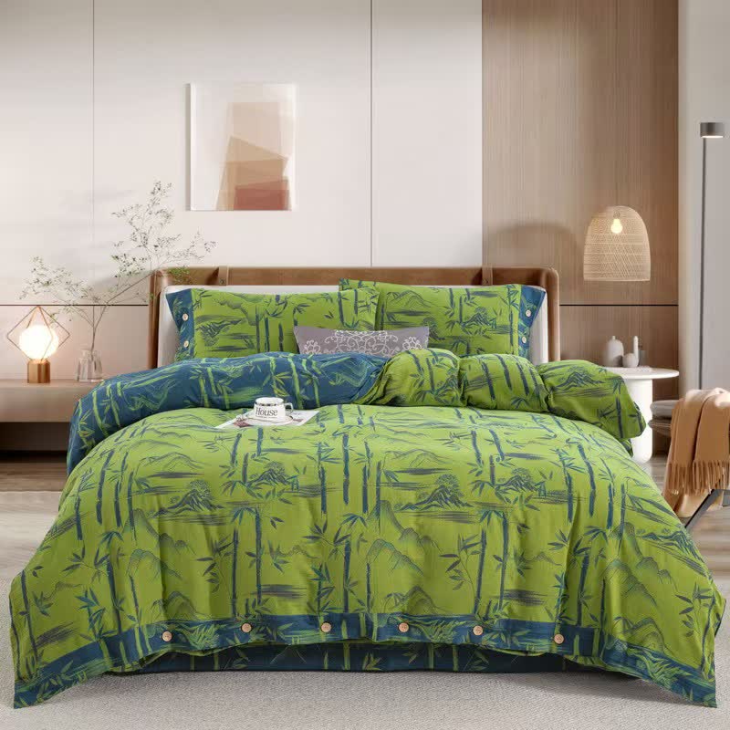 Bamboo Plant Cotton Gauze Reversible Bedding Set (4PCS)