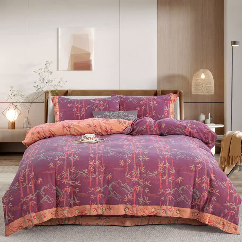 Bamboo Plant Cotton Gauze Reversible Bedding Set (4PCS)
