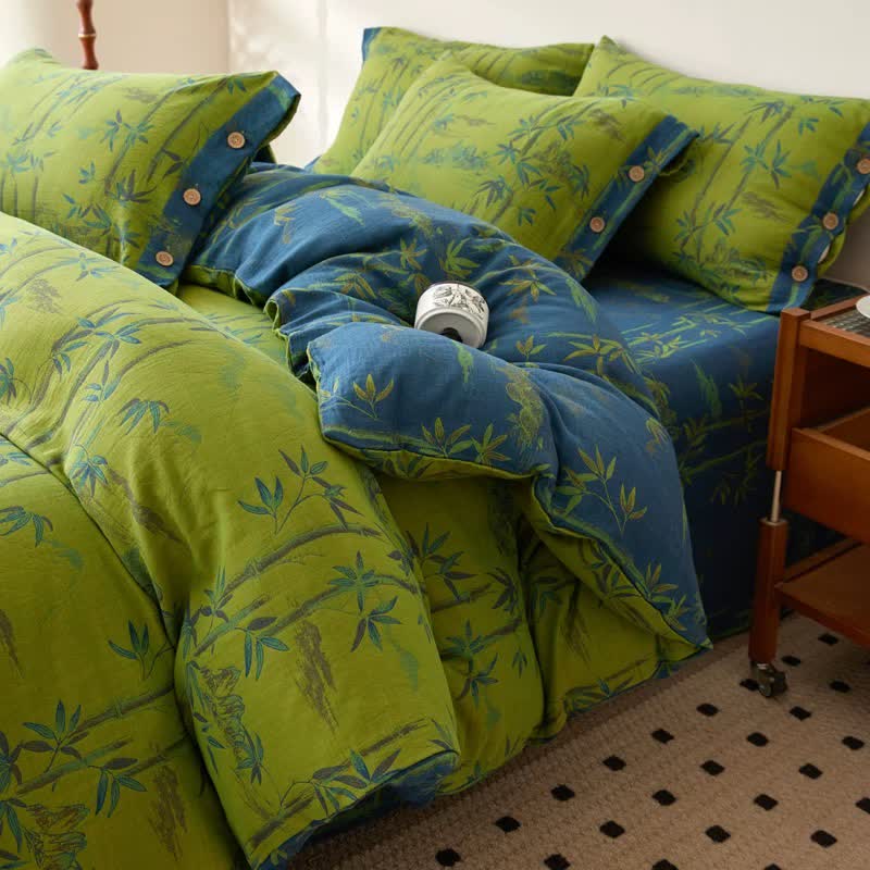 Bamboo Plant Cotton Gauze Reversible Bedding Set (4PCS)