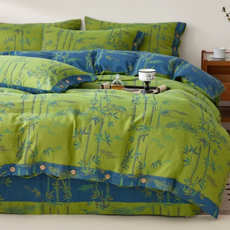 Bamboo Plant Cotton Gauze Reversible Bedding Set (4PCS)