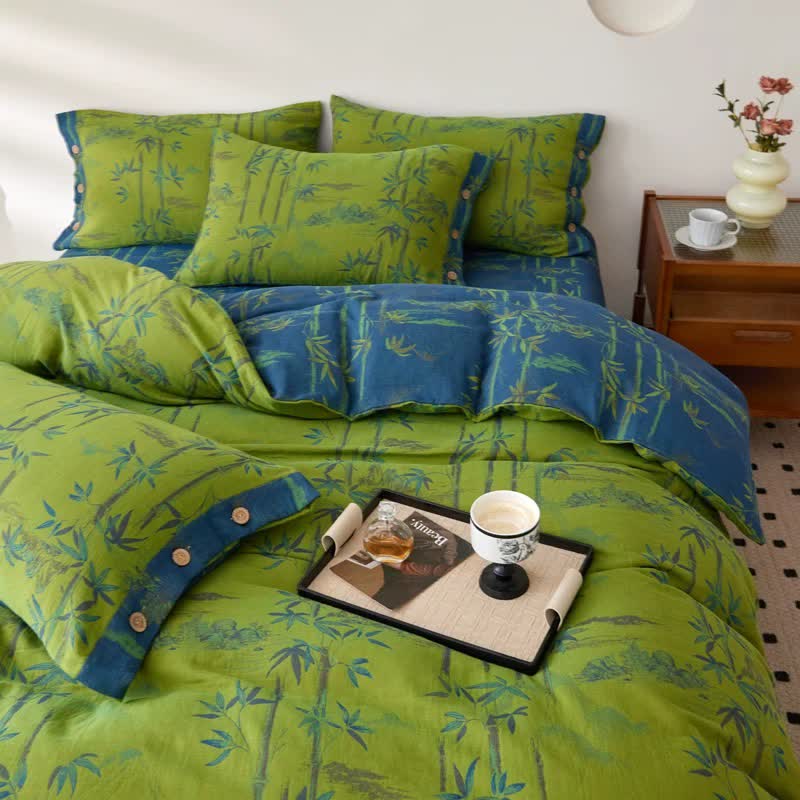 Bamboo Plant Cotton Gauze Reversible Bedding Set (4PCS)