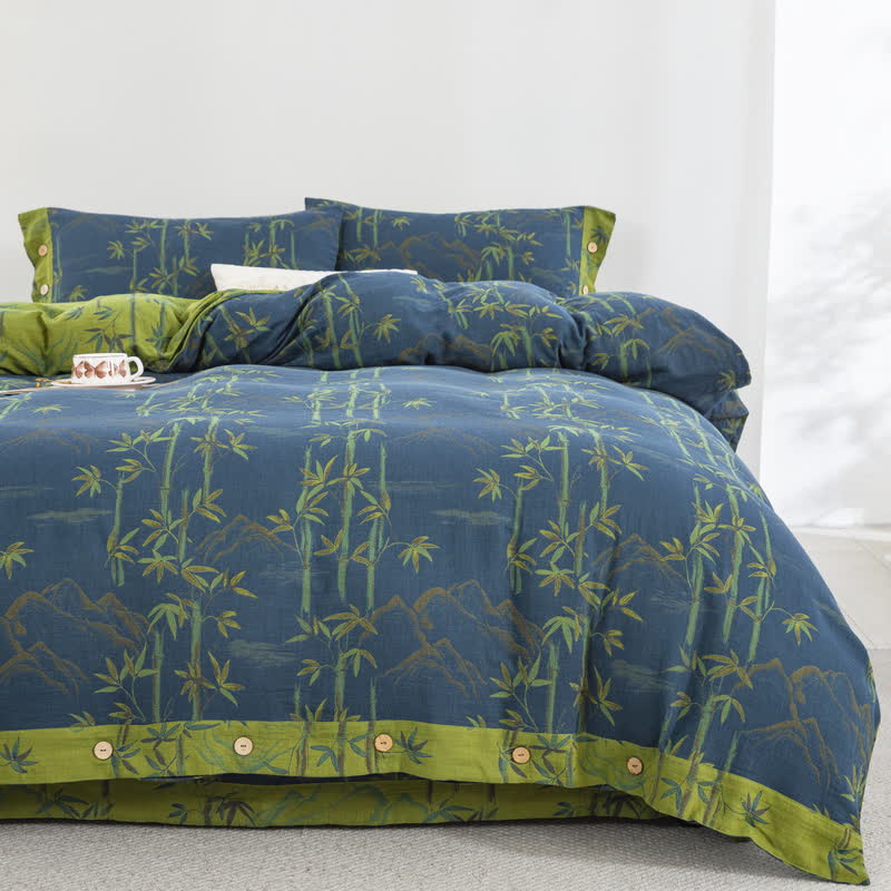 Bamboo Plant Cotton Gauze Reversible Bedding Set (4PCS)