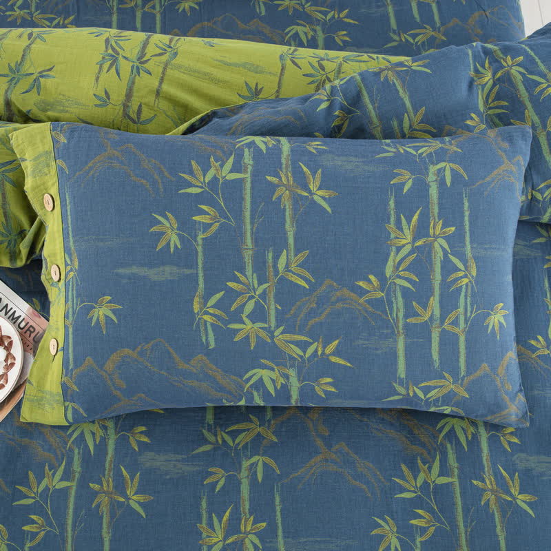 Bamboo Plant Cotton Gauze Reversible Bedding Set (4PCS)