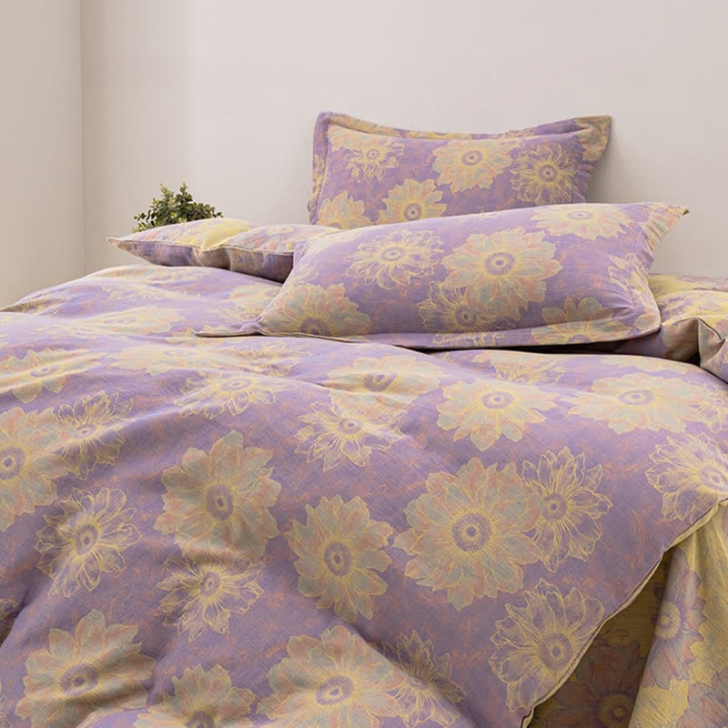 Jacquard Floral Cotton Gauze Reversible Bedding Set (4PCS)