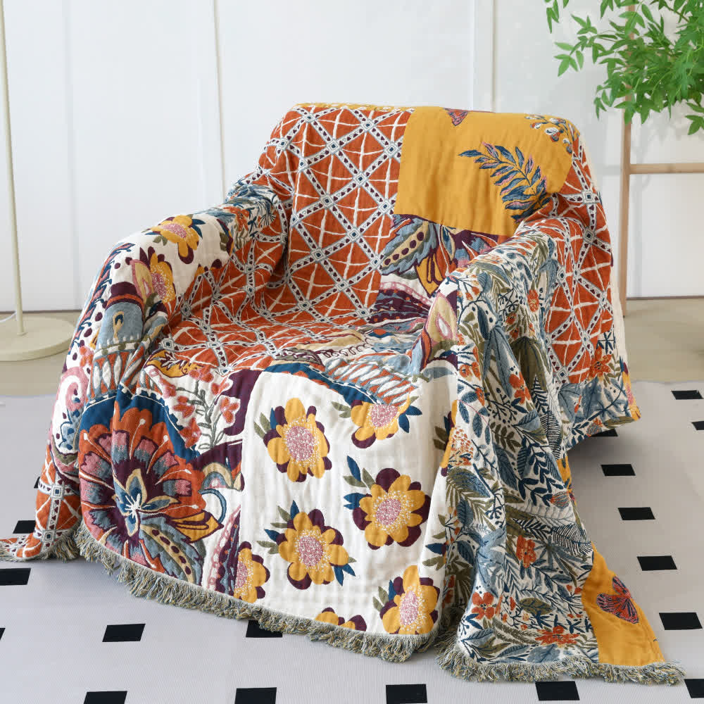 Ethnic Style Floral Plant Cotton Gauze Reversible Blanket