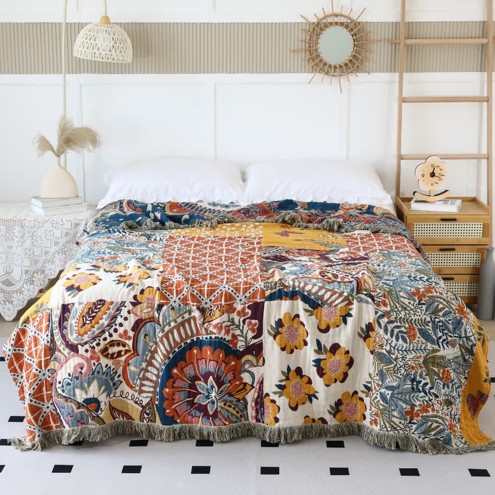 Ethnic Style Floral Plant Cotton Gauze Reversible Blanket