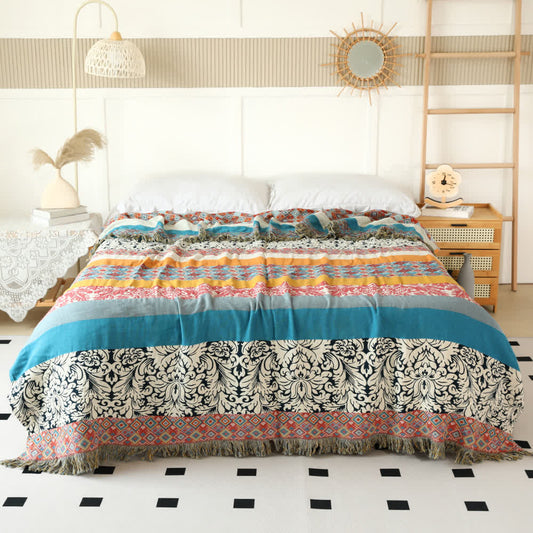 Ethnic Colorful Stripes Cotton Gauze Reversible Quilt