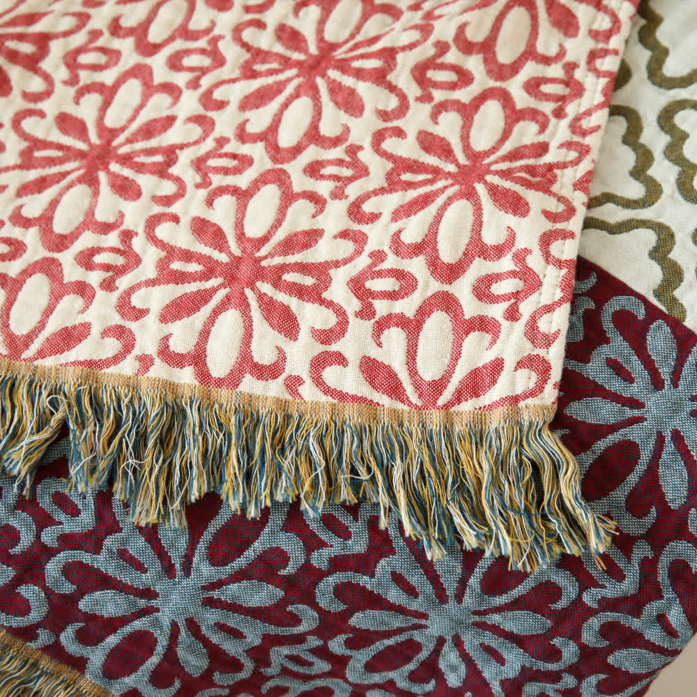 Striped Floral Cotton Gauze Reversible Quilt