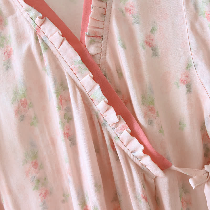Pink Floral Short Sleeve Cross-front Nightdress