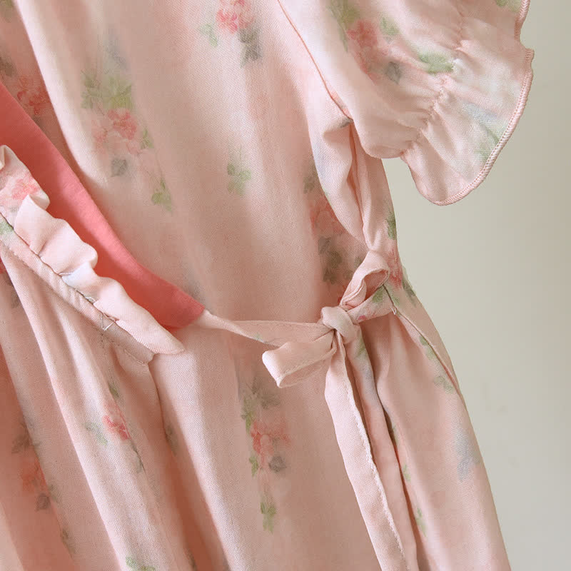 Pink Floral Short Sleeve Cross-front Nightdress