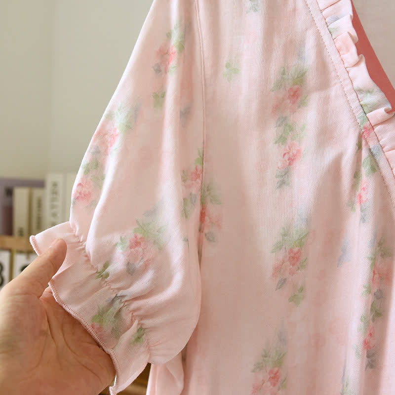 Pink Floral Short Sleeve Cross-front Nightdress