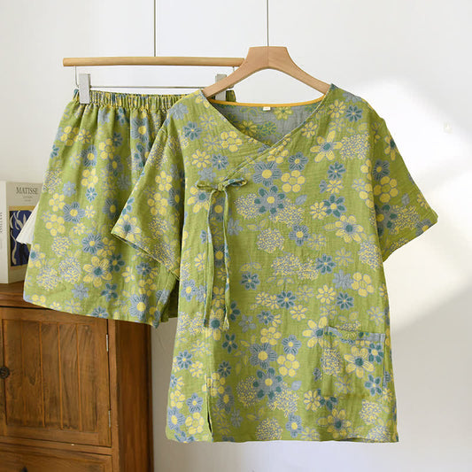 Rustic Floral Cotton Gauze V-neck Pajama Set
