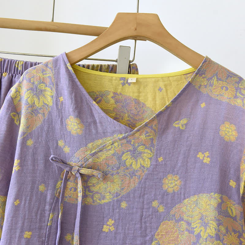 Vintage Blossom Cotton Gauze V-neck Pajama Set
