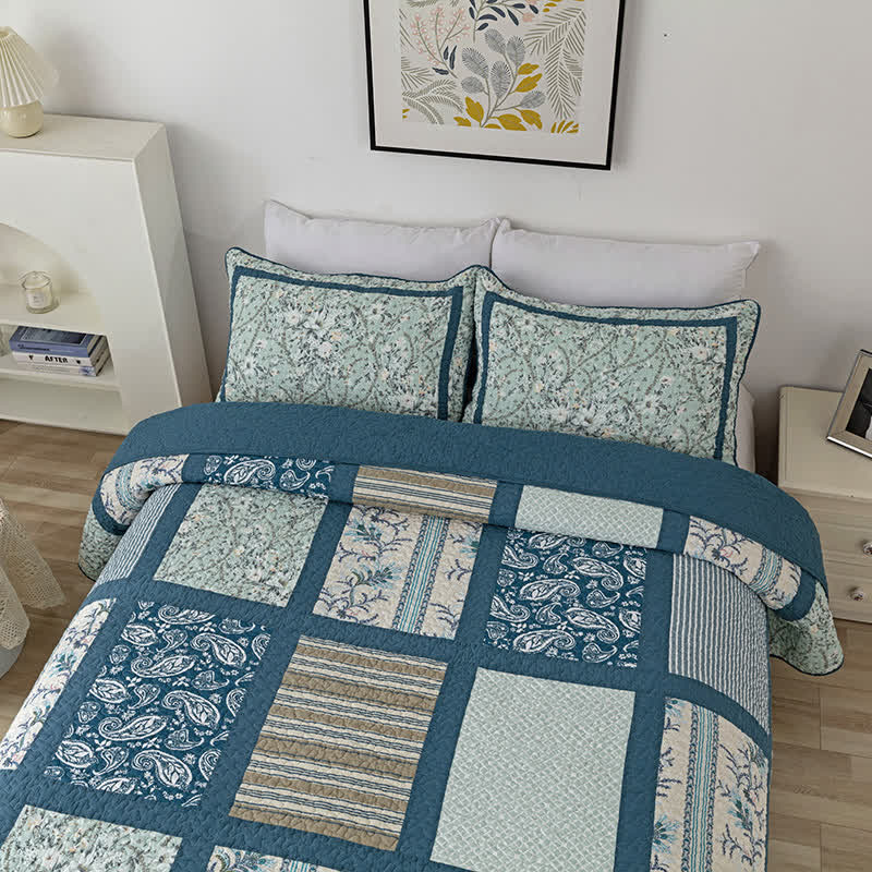 Plaid Botanical Print Cotton Patchwork Quilt