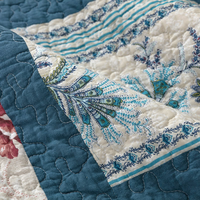 Plaid Botanical Print Cotton Patchwork Quilt