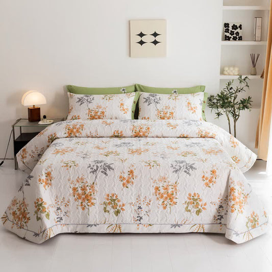 Orange Floral Botanical Print Cotton Quilt