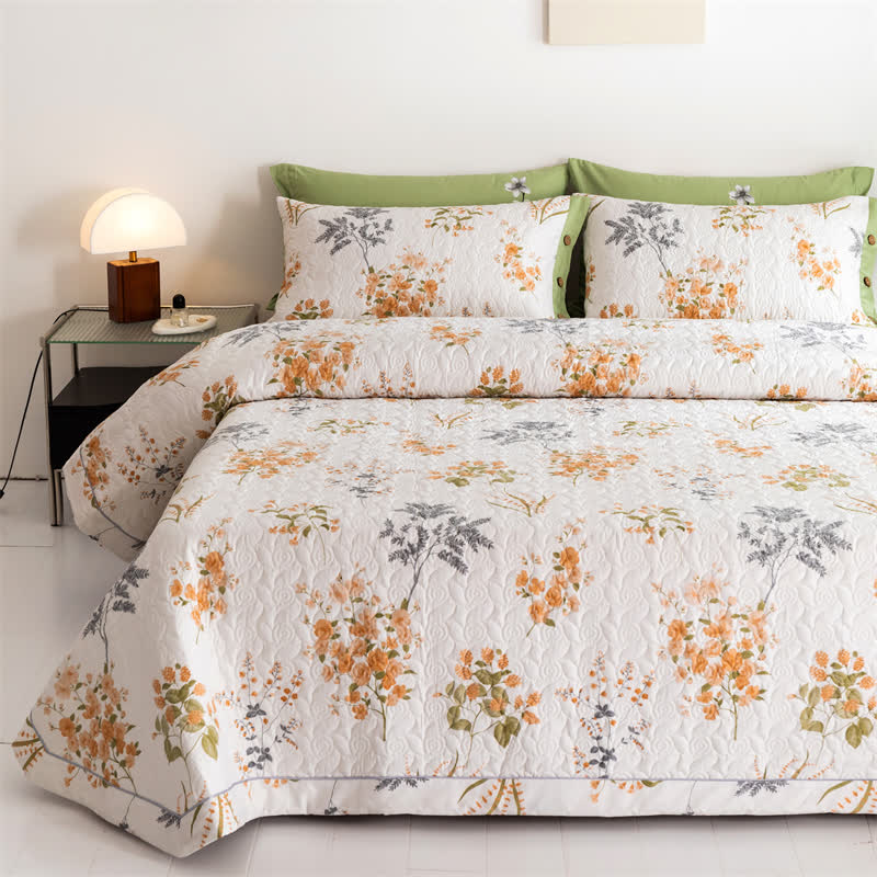 Orange Floral Botanical Print Cotton Quilt