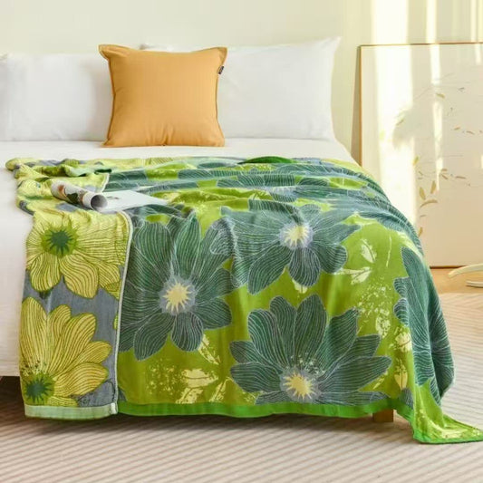 Green Begonia Print Summer Cooling Blanket