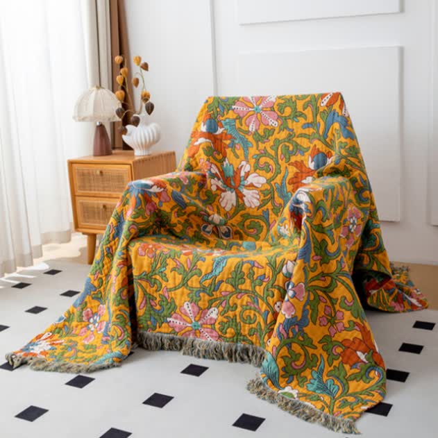 Vintage Floral Cotton Reversible Tassel Blanket