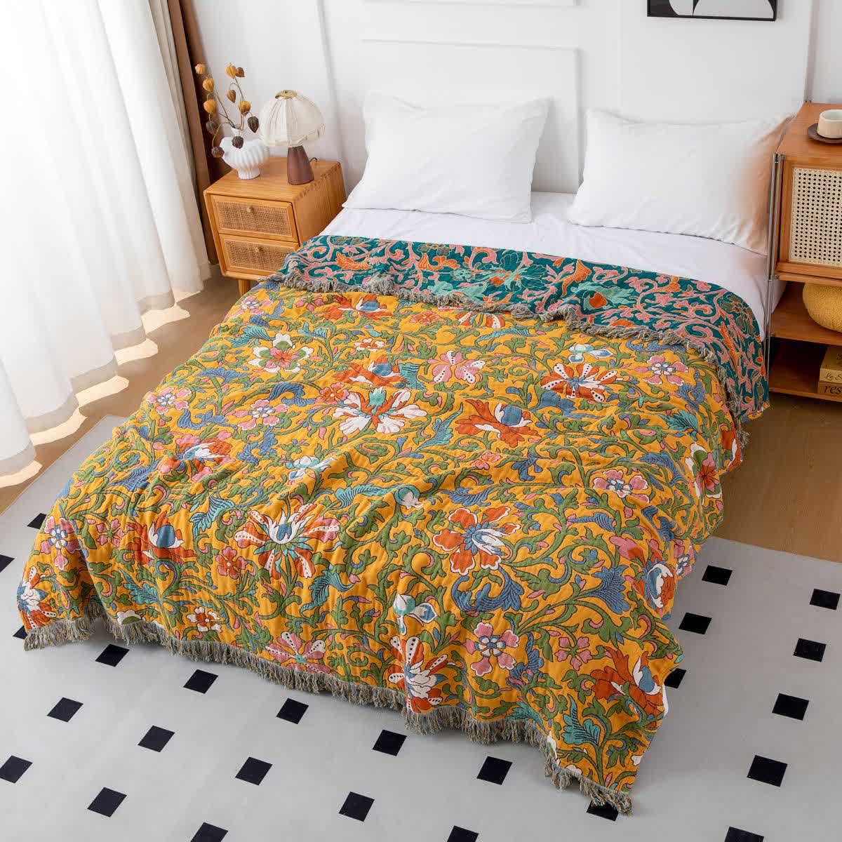 Vintage Floral Cotton Reversible Tassel Blanket
