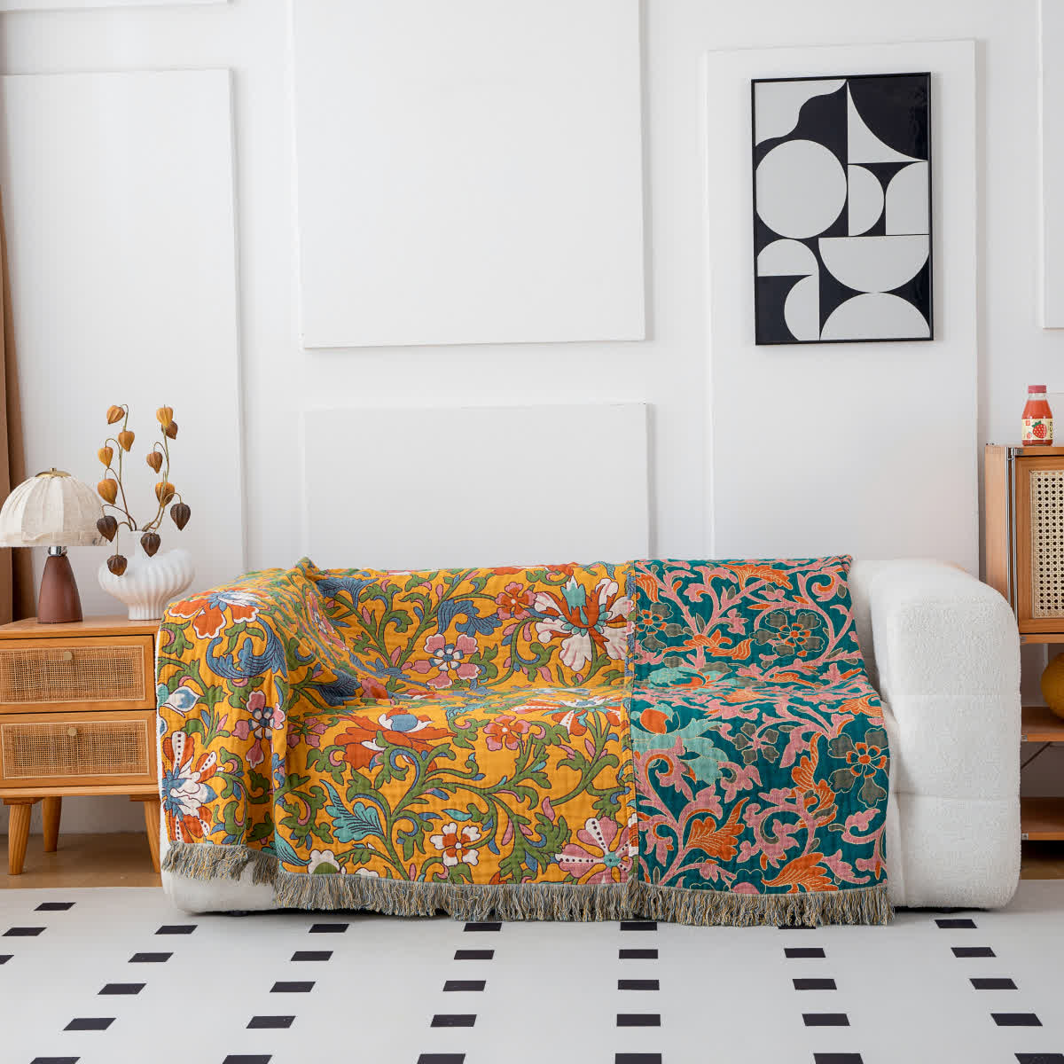 Vintage Floral Cotton Reversible Tassel Blanket