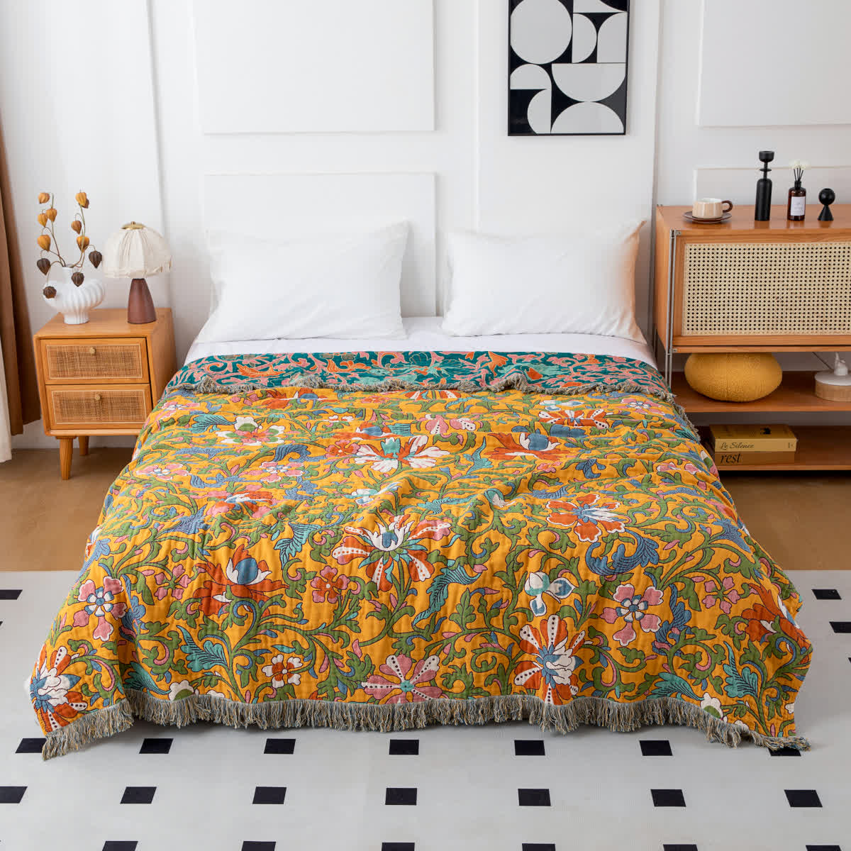 Vintage Floral Cotton Reversible Tassel Blanket