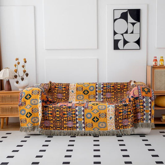 Boho Art Patchwork Cotton Reversible Tassel Blanket