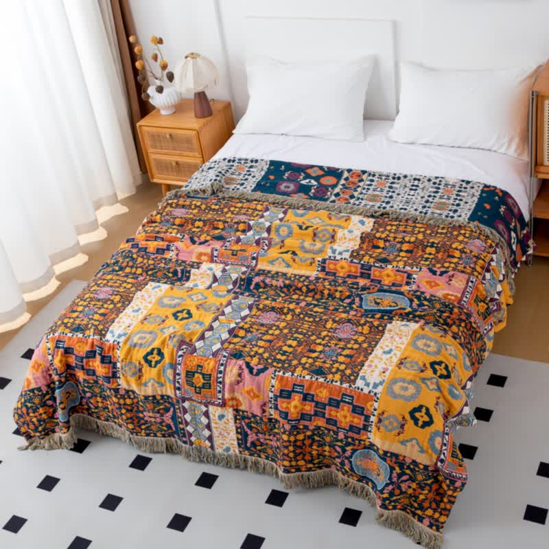 Boho Art Patchwork Cotton Reversible Tassel Blanket