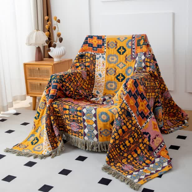 Boho Art Patchwork Cotton Reversible Tassel Blanket